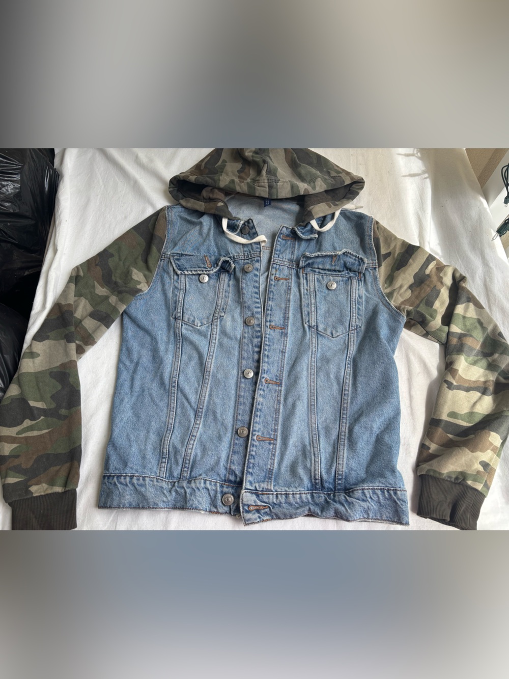 Denim Jacket with Camo Hoodie Sleeves